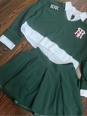 Green Pinstripe Two-Piece Skirt Set with White Collar